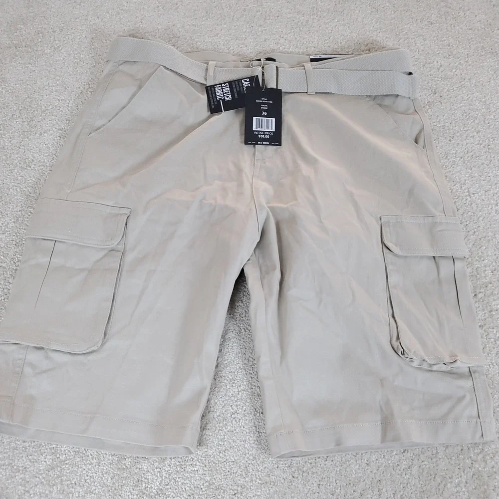 Blu Rock Men's Cargo Shorts Tan Size 36 Belted NWTGS 4 Way‎ Stretch Tiny Spot